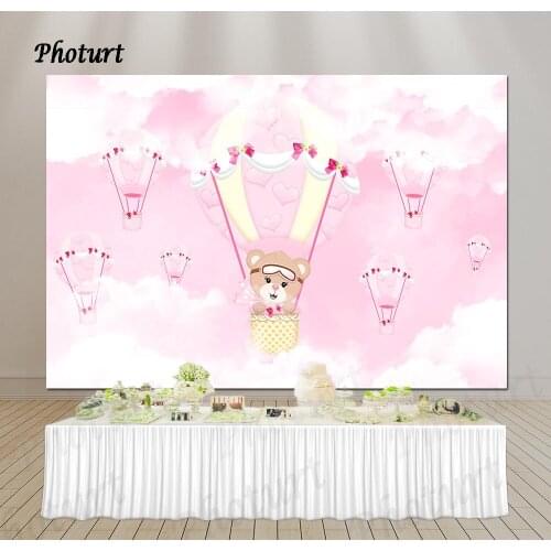 PHOTURT Pink Bear Backdrop for Kids Birthday Photo Background Hot Air Balloon 3 Options Polyester Vinyl Decorate Props