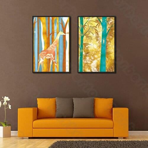 Watercolor Canvas Painting and Posters Wall Bamboo Forest and Giraffe Under The Sun Picture for Living Rooms Bedroom Decoration