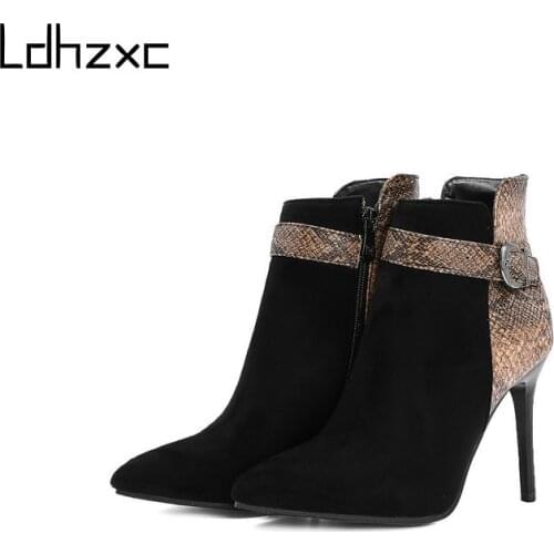 LDHZXC 2020 Big Size 48 Women Ankle Boots Solid Colors Classic Autumn Winter Boots Pointed Toe Thin Heels Office Shoes Woman