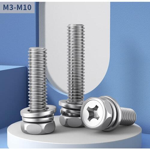 M3~M10 Phillips Hex Head Screw With Washer Three Combination Screws 304 Stainless Steel Cross Recessed Hexagon Sems Screws Bolts
