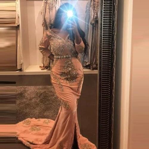 Moroccan Kaftan Caftan Muslim Evening Dresses Mermaid V-neck 3/4 Sleeves Chiffon Beading Dubai Arabic Turkey Abaya Islamic Gown