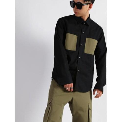 Retro fashion shirt men long sleeve shirt teenage korean Contrast pocket cotton shirt mens personality stage singer black b632