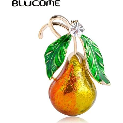 Blucome Cute Green Leaves Yellow Gourd Pear Brooches For Women Men Kids Clothes Accessories Enamel Suit Scarf Shoulder Clips Pin