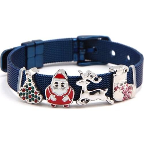 Blue Color Stainless Steel Mesh Bracelet Sets with 4 pcs DIY Slide Charms for Women Girls Christmas Day Gifts Jewelry