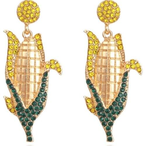 2021 New Pastoral Style Corn Shaped Colored Diamond Earrings Temperament Alloy Diamond Earrings Female Fashion Wear Jewelry