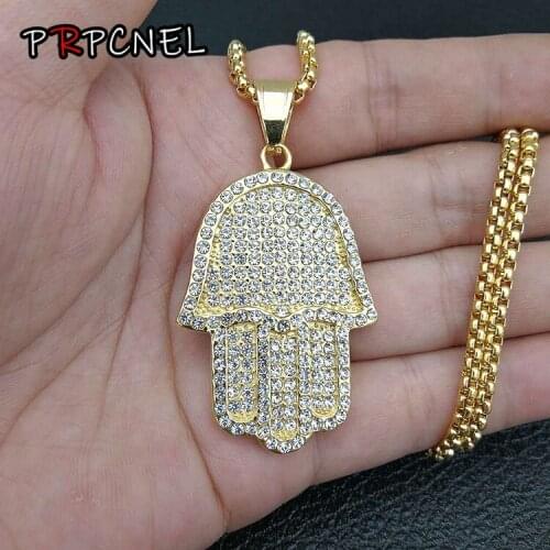 Religious Gold color Hand of Fatima Hamsa Pendant Chain 316L Stainless Steel zircon Evil Hand Necklaces for men Women Jewelry