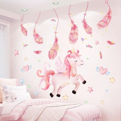 Pink Feather Unicorn Animal Self-Adhesive BabyHome Wall Sticker Wallpaper Art Mural Decal DIY Vinyl Decorative Wall Decoration
