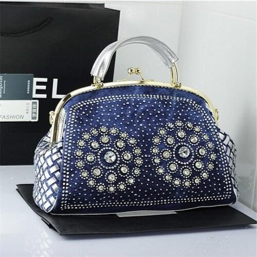 High Quality Lady Jeans Fabric With Bling Crystal Handbags Vintage Washed Denim Crossbody Large Women Shoulder Bag