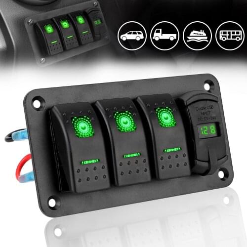 4.2A Dual USB Slot Charger for Car SUV Marine RV Truck Circuit Breaker Digital Voltmeter 3 Gang Switch Panel