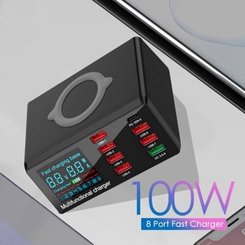 100W 8 Ports USB Charger Hub QC 3.0 PD Quick Charge Adapter Base Station LED Digital Display For iPhone 12 11 Xiaomi 11 10 Redmi