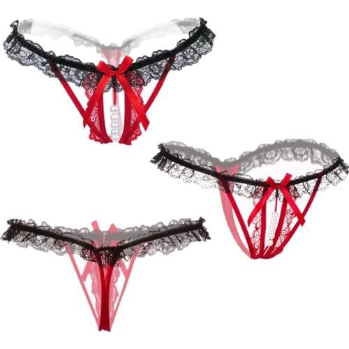 Pearl Massage G-String Erotic Panties Sexy Women Underwear Open Crotch Lace Transparent Thong Porn Temptation Lingerie For Sex