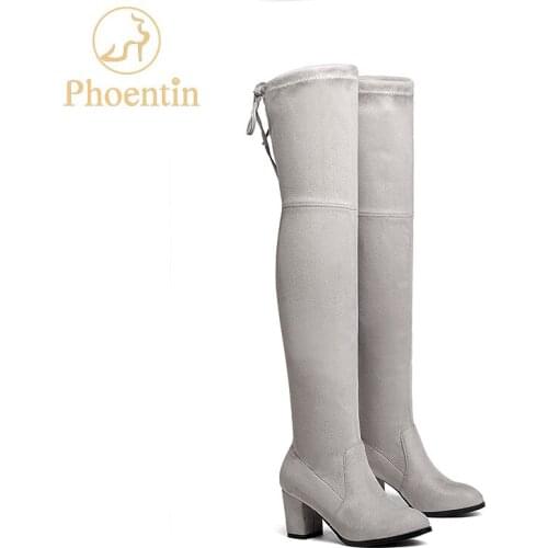 Phoentin women high heel boot overknee grey square heels solid sex lace up thigh high boots woman autumn shoes pointed toe FT208