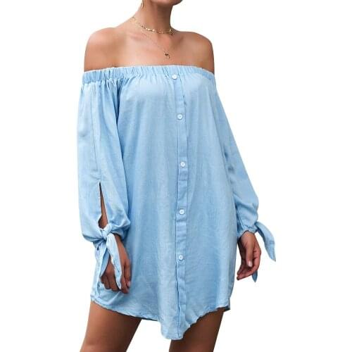 Women A-line Dress Solid Color Long-sleeved Button Dress Sundress Summer Beach JL