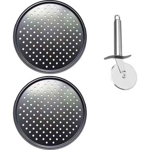 2Pieces Pizza Pan with Holes, Perforated Pizza Crisper Tray Non-Stick Round Pizza Stone Baking Set with Cutter Wheel