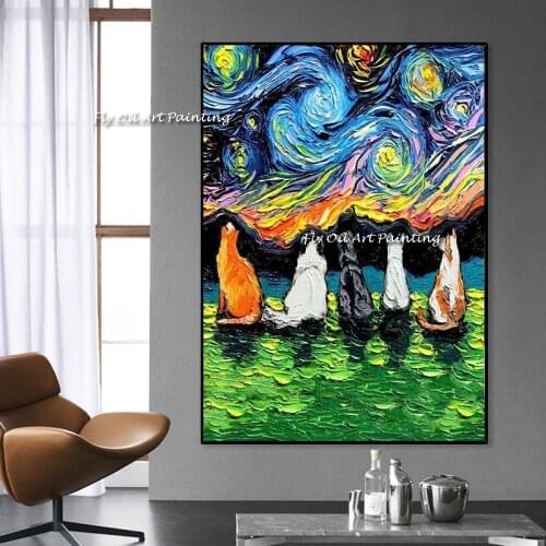 Abstract Handmade Colorful Cat starry sky Canvas Painting Animal Quadros Wall Art Pictures for Living Room Home Wall Decor