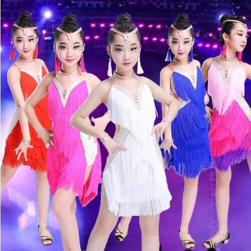 Professional Children Sequined Latin Dance Costumes Ballroom Salsa Latin Dancing Dress Kids Tassels Stage Performance Dance Wear