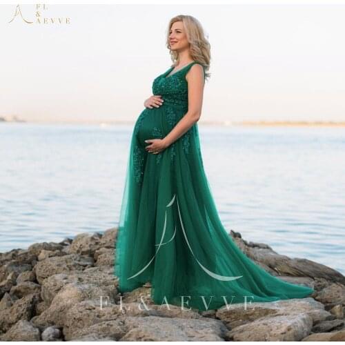 Fashion Green Pregnant Women Evening Dress 2022 High Waist A Line Special Occasion Prom Gowns Plus Size Long Formal Dresses