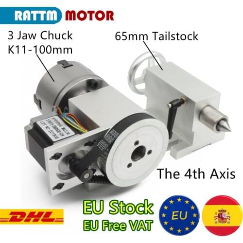 【EU Free】CNC 4th axis A aixs, rotary axis 3 jaw Chuck K11-100mm 6:1 + 65mm Tailstock for Mini CNC router/woodworking engraving