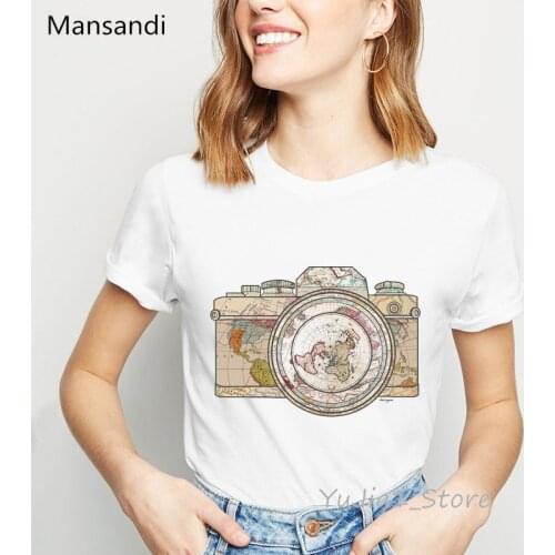 Vintage camera world map t shirt women clothes 2019 vogue tshirt camiseta mujer harajuku shirt summer tops tee shirt femme