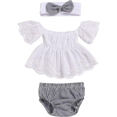 Toddler Girl Outfits Set Off-shoulder Hollow Design Top T-shirt+Striped Baby PP Shorts+Headband 3 Pcs Infant Clothes