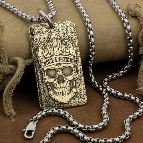 LINSION High Detail 2-side Laser Deep Engraved Brass Crown Skull Pendant Biker Rock Punk Style 9X035B Steel Necklace 24 inches