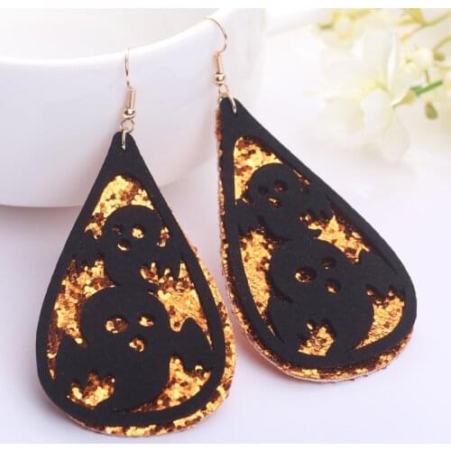Layered Gold Color Glitter Leather Cutout Suede Pumpkin Bugbat Ghost All Hallows' Day Earrings for Women Creative Jewelry Gifts