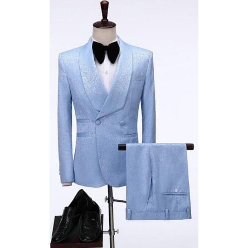 2020 Tailored Men Coat Pant Casual Double Breasted Men Slim Fit Suit Light Blue Tuxedo Groom Blazer Wedding Suit Terno Masculino