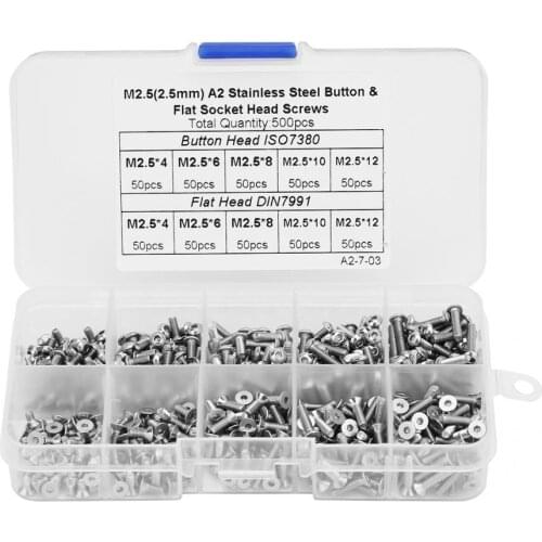 500pcs 1 Box M2.5*4\M2.5*6\M2.5*8\M2.5*10\M2.5*12 Button/Flat Head Hex Socket Screw Set stainless self screws for laptop