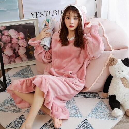 Long sleeve nightdress womens hooded coral fleece nightgown Korean yukata simple night gown loose with pockets kimono robes