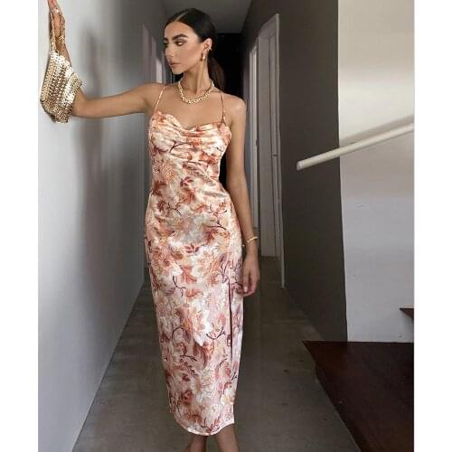 2021 New Style Women Sexy Backless Floral Print Dress Ladies Fashion Sleeveless Split Dress for Ladies Female Party Clubwear