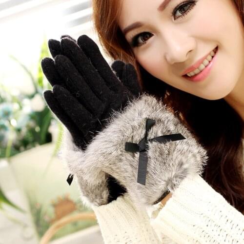 New Ladies Solid Cashmere Gloves Fashion Female Warm Thicken Bow Rabbit Fur Finger Gloves Autumn Winter Elegant Mittens Gloves