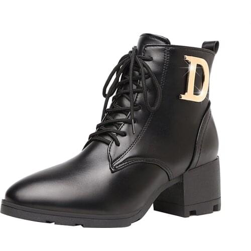 Fad New Solid Leather Boots Autumn Ankle Boots for Women Shoes Lace Up Round Toe British Square High Heels Winter Martin Boots