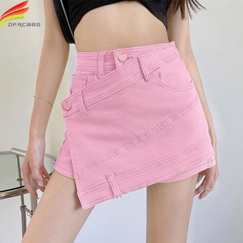High Waist Denim Shorts For Women 2021 Summer Candy Color Irregular Skorts Skirts Slim Button Up Street Wear Short Jeans Skort
