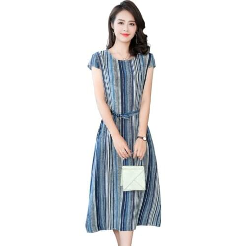 Womens Dress Cotton Silk Summer Elegant Casual Short-Sleeve O Neck A Line Middle-Aged Mother Maxi dress Ladies Plus size 6XL