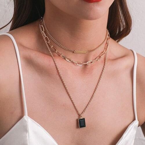 Vintage Multilayer Thick Chains Square Gem Pendant Necklace Women Temperament Geometric Choker Necklace Punk Party Jewelry Gift