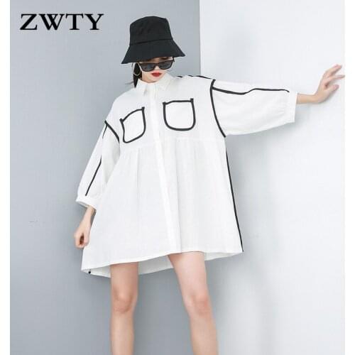 ZWTY Summer Women White New Pattern double pockets white shirt Personality loose large size casual blouse Lapel Long Sleeve shir