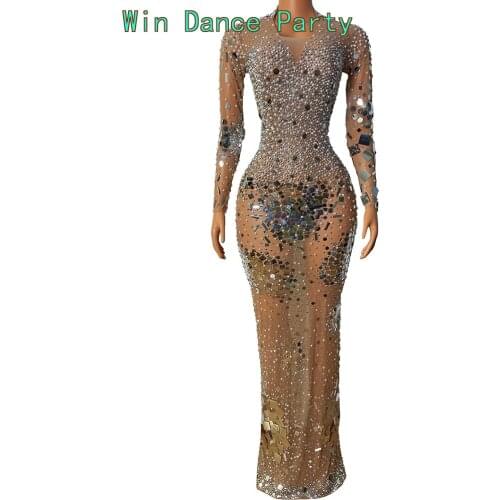 Sparkly Silver Rhinestone Mirror Elastic fabric short Dress Women Birthday Stage play Celebrate Dress Dancer Party Show Dress