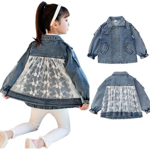 Todddler girl denim jacket fashion lace back style denim coat for 3-12years girls kid child jeans tops outerwear clothes