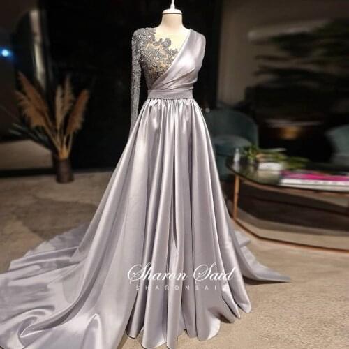 Elegant Gray Long Sleeve Dubai Muslim Evening Dress for Women Wedding Party Gowns 2021 Rose Gold Arabic Engagement Formal Dress