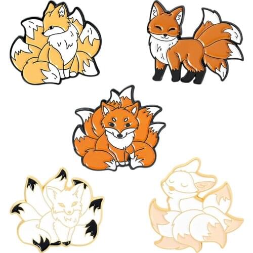 Cartoon Nine Tailed Fox Enamel Pins Cute Animal Brooches Lapel Badge Bag Fashion Jewelry Gift for Kids Friends Trinket