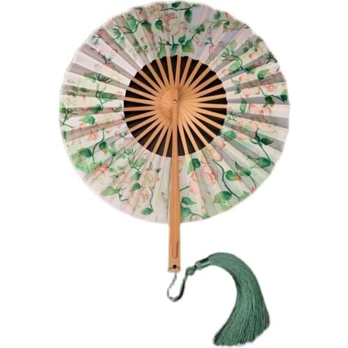 Chinese Style Green Jasmine Flower Crane 360 Degrees Folding Fan round Fan Ancient Style Cheongsam Hanfu Dance Fans Portable