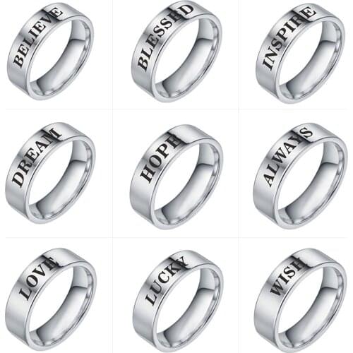 INSPIRE,LOVE,LUCKY,WISH,HOPE,DREAM,BELIEVE,BLESSED, Inspirational Ring Stainless Steel Rings for Men and Women Jewelry Gift 6mm