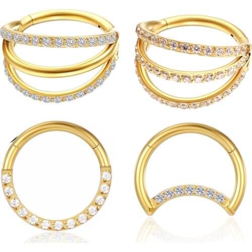 G23 Titanium zircon Nose ring gold nose Rings Daith Earrings Hoop Ear Cartilage Tragus Piercing Hinged Segment Clicker Jewelry
