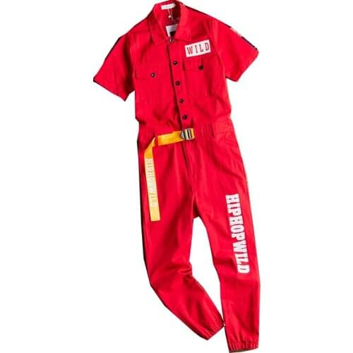 Mens Letter Jumpsuit Printed Short Sleeve Jumpsuit Multi-pocket Hip Hop Workwear Yellow Red Loose Pants