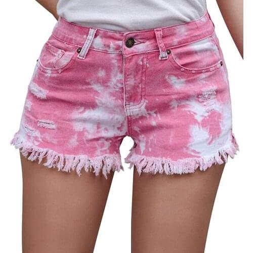 Summer New Womens Jeans Shorts Mid Waist Tie Dye Tassel Casual Fashion Denim Shorts