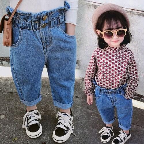 Fashion Girls Ruffle Jeans Children Denim Pants for Baby Girl Jeans button Autumn Spring Casual Denim Clothes Trousers