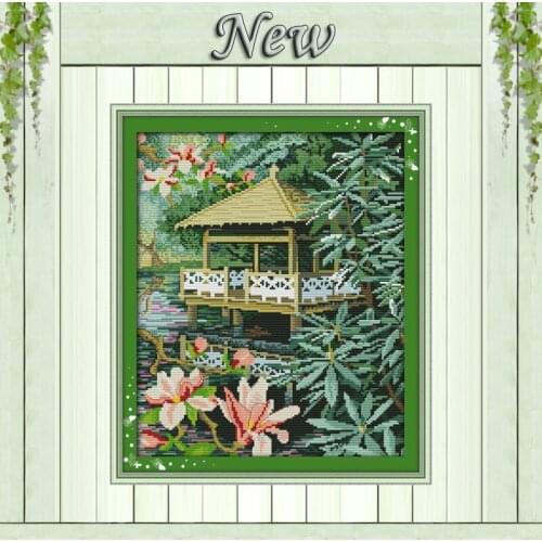 Pavilion with flowers Counted print on fabric DMC 14CT 11CT NKF Embroidery Sets Cross Stitch Needlework kits home decor painting