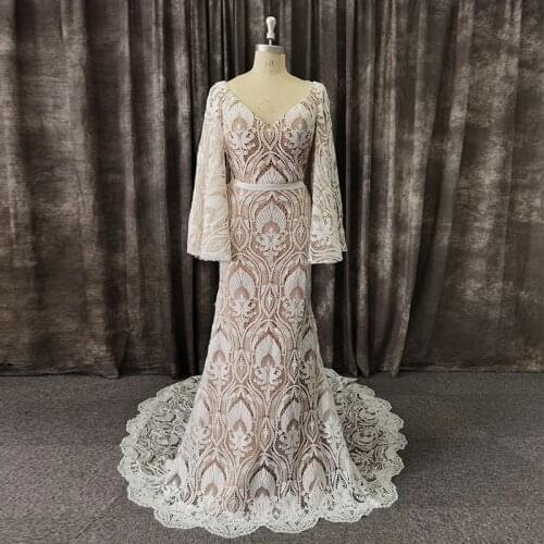 Real Picture Elegant Long Sleeve Overskirt Applique BacklessLace Wedding Dress Bridal Gowns