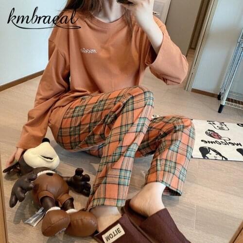 Korean Purple Grid Girls Pajamas Set Cute Autumn Winter Long Sleeve Leisure Sleepwear For Women Loose Nightwear Homewear Suit