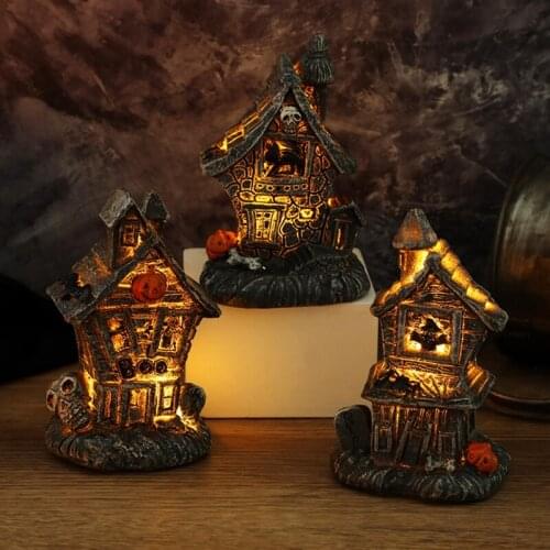 T84E Resin Haunted House with LED Light Lamp Ornament for Halloween Decoration Spooky Office Bar Home Room Accessories